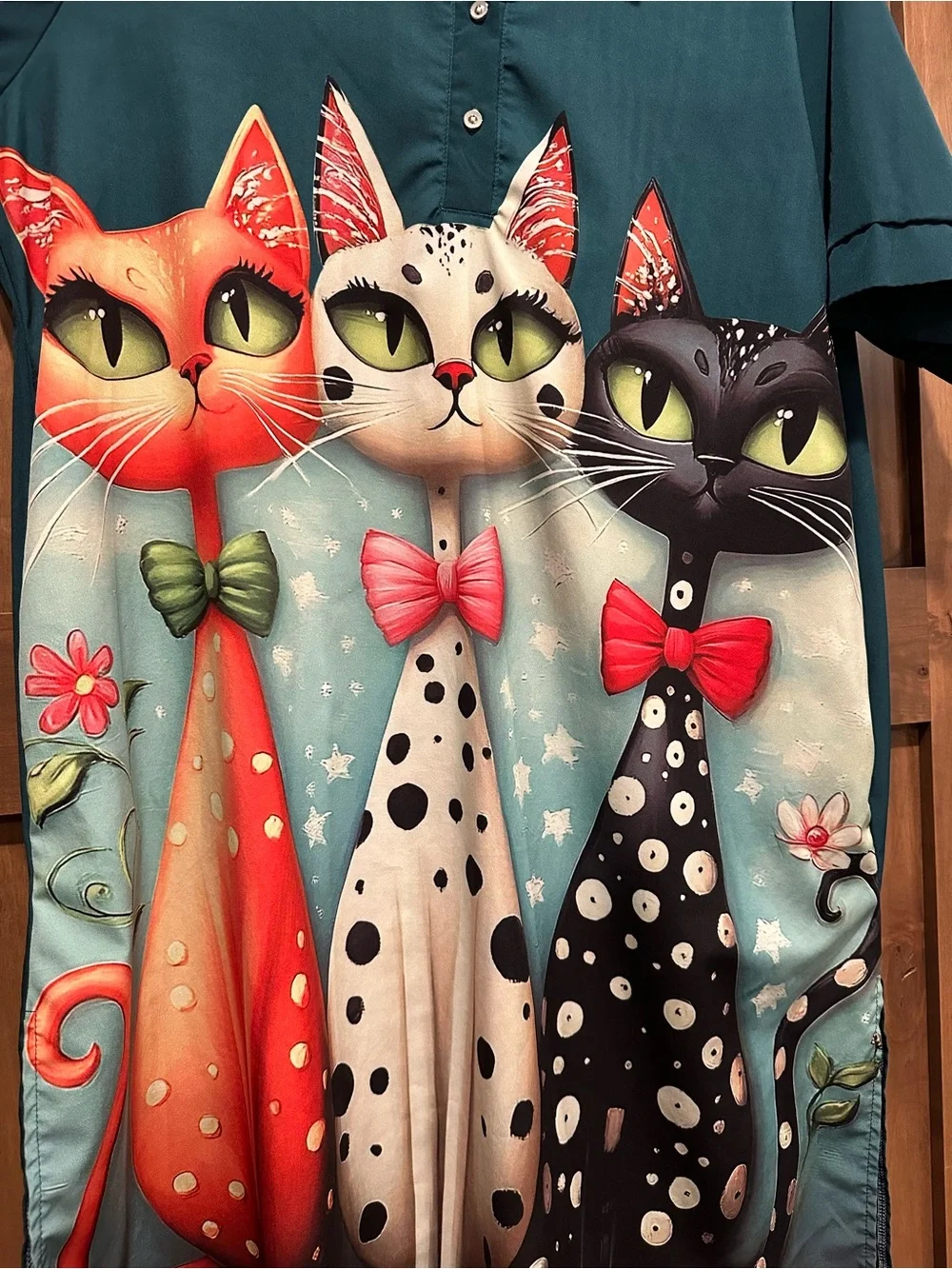 Women Teal Cat Print Dress - can fit up to 2XL